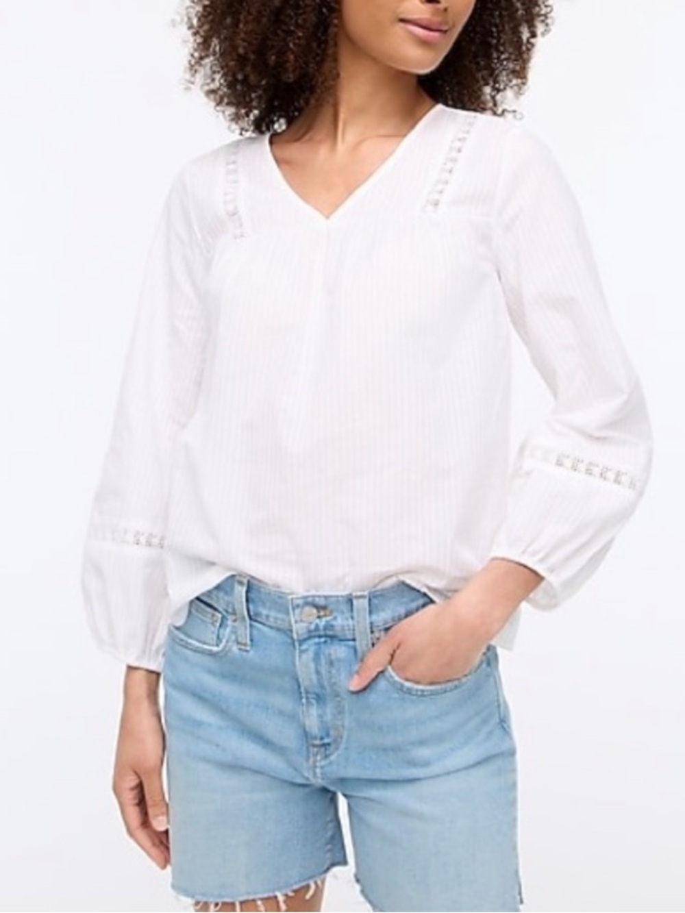 J. Crew Factory White V-Neck Lace-Trim Peasant Top